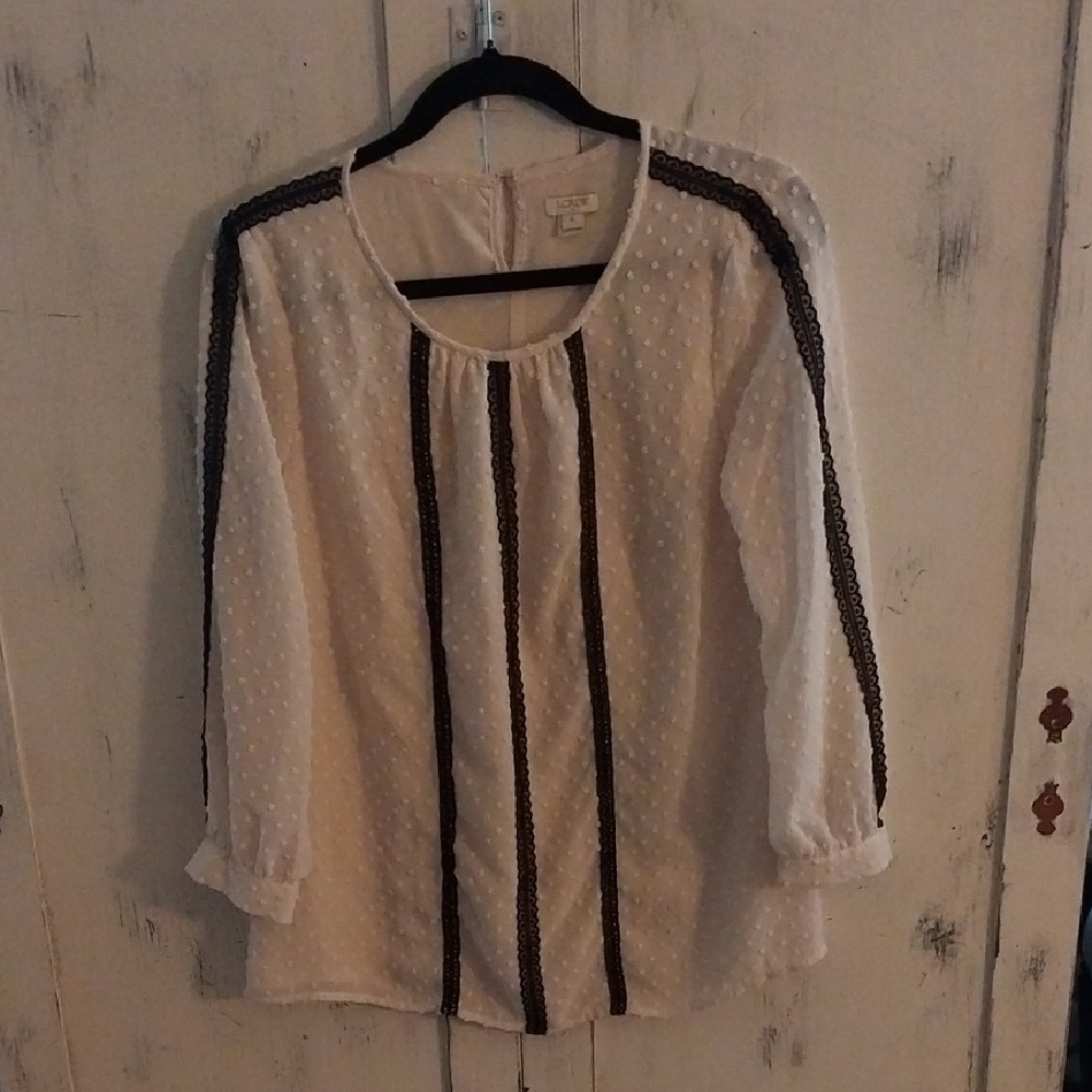 J. Crew Cream Blouse with Black Lace Trim